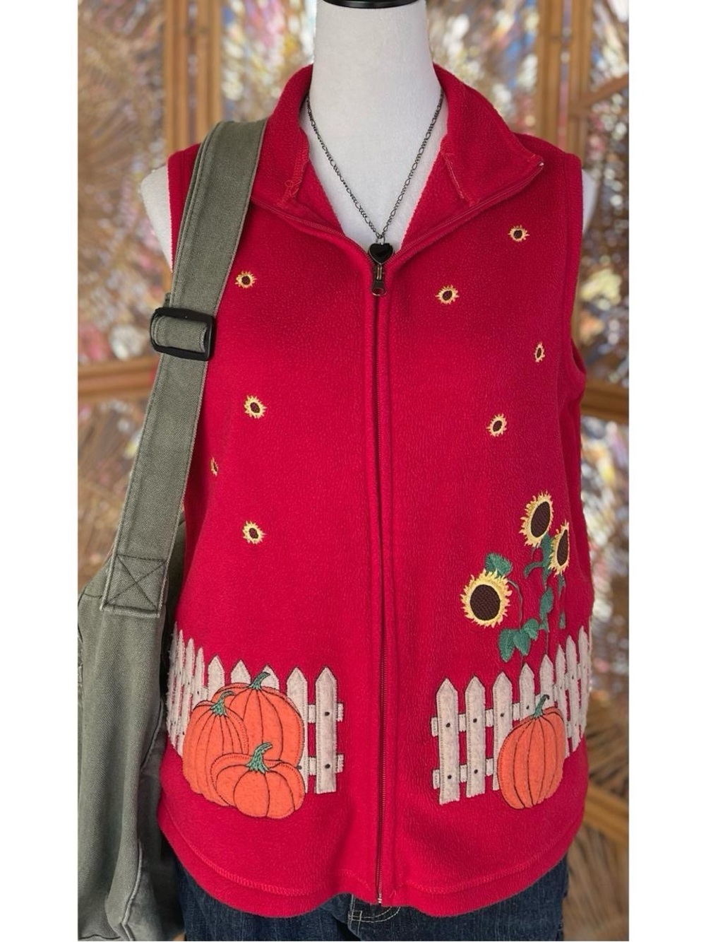 Vintage Baxter & Wells Red Fleece Pumpkin Sunflower Fall Zip Up Vest
